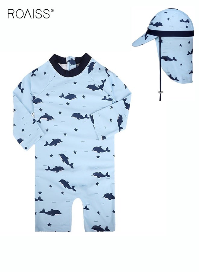 roaiss Boys Swimsuit with Hat, Toddlers One Piece Swimwear with Back Zipper, Quick-drying Rash Guard Surfing Suit with Adorable Patterns  - Image 1