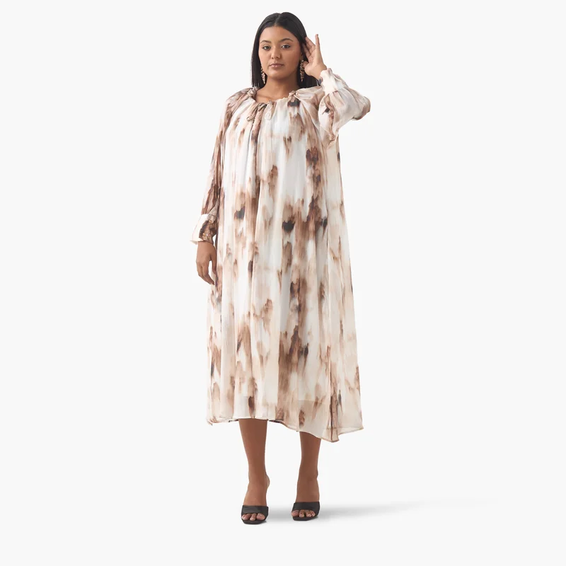  أولا بوبكن Plus Size Ulla Popken Printed Dress with Round Neck and Long Slit Sleeves