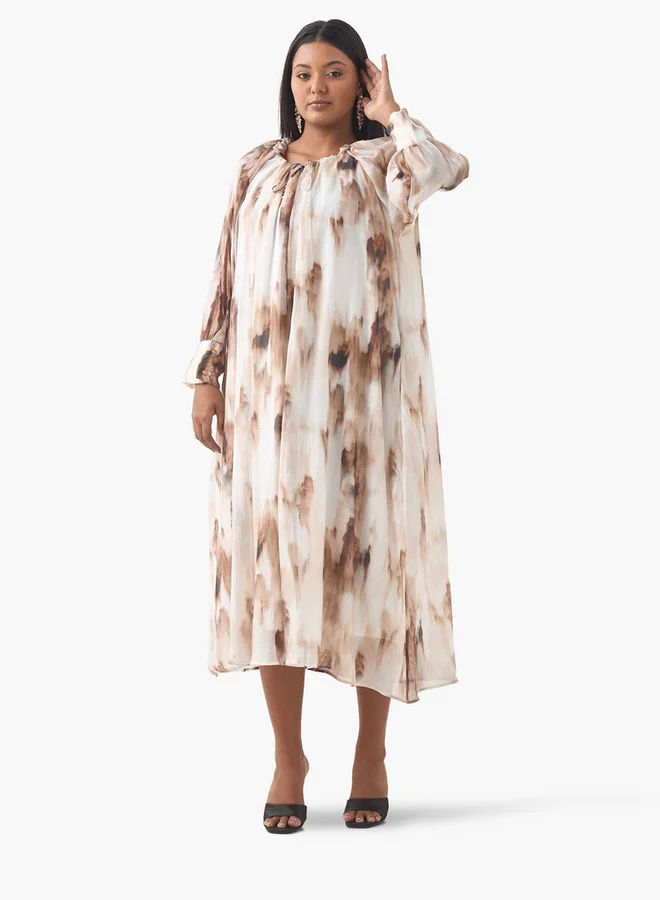 Ulla Popken Plus Size Ulla Popken Printed Dress with Round Neck and Long Slit Sleeves