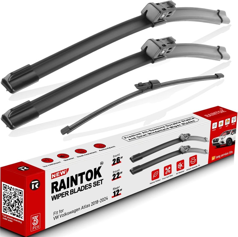 Raintok Windshield Wiper Blades Replacement for VW Volkswagen Atlas 2018 2019 2020 2021 2022 Original Factory Quality Front Rear Wipers Blade Set for My Car - 26" 22" 12" (Pack of 3) - Image 1
