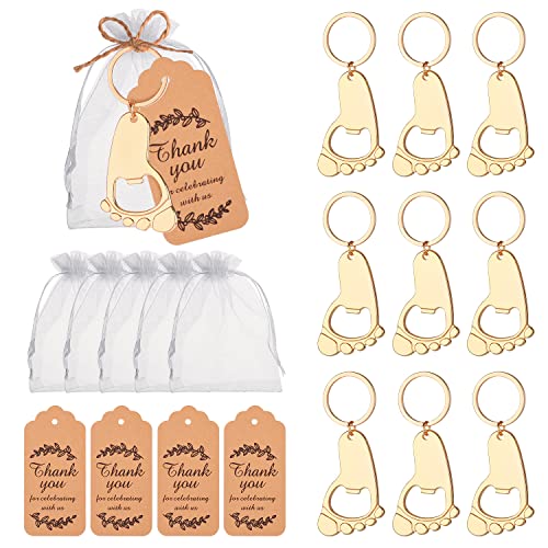 KaGrbves 50 Pieces Footprint Bottle Opener Baby Shower Favors for Guest Baby with Keychain and Organza Bags Tags gold - Image 1