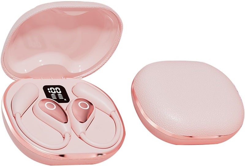 QJF Open Ear Earbuds Bluetooth 5.4 Earphones, True Wireless Headphones with Microphone, Touch Control Air Conduction/Clear Calls/Snug Fit/LED Lights for Sport Cycling Running Workout (Pink) - Image 1