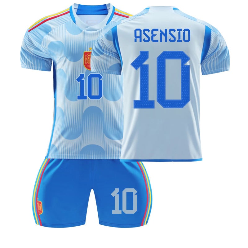 2223 Spain Away Blue 10 Asencio 9 Garvey 21 Pedre 7 Morata Football Jersey Set - Image 1