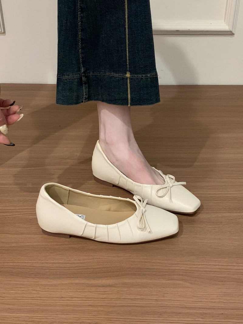 Women's Sheepskin Bow Ballet Flats with Hidden Wedge Heel - 2026 New Arrival Polka Dot Elegant Shoes