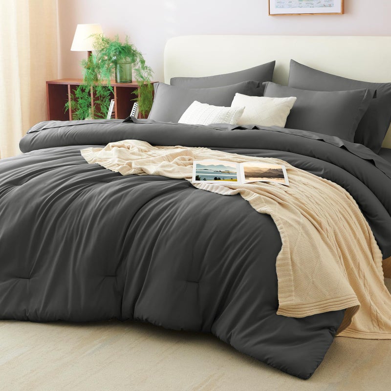 CozyLux King Size Comforter Set Dark Grey, 7 Pieces Bed in a Bag King Comforter Set with Sheets, Dark Gray Luxury Soft Bedding Sets with Down Alternative Comforter, Sheets, Pillowcases & Shams - Image 1