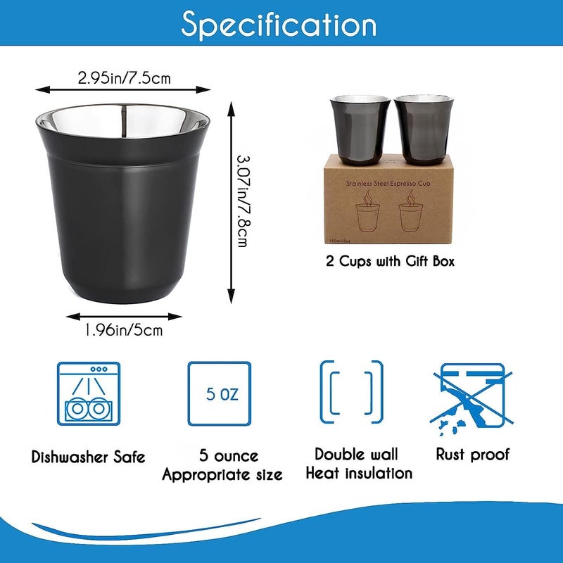 EASYWORKZ Stainless Steel Espresso Cup 2pcs Set Double Wall Insulated Metal Demitasse Cups (Black, 5 oz) - Image 2