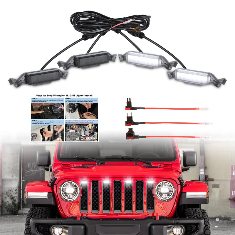 Led Grill Grille Lights fit for 2019 2020 2021 2022 2023 Jeep Wrangler JL JLU Rubicon Sahara Sport Front Grille Grills Light Front Headlights Wrangler JL Jlu 20182023 White 4pcs Led White JL 4P