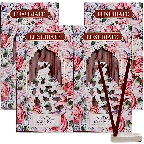 LUXURIATE Sandal and Saffron Bambooless Incense | Chandan Agarbatti | Natural Herbal Organic Incense Sticks for Puja | Long-Lasting Premium Luxury Agarbatti - Pack of 4 - Image 1