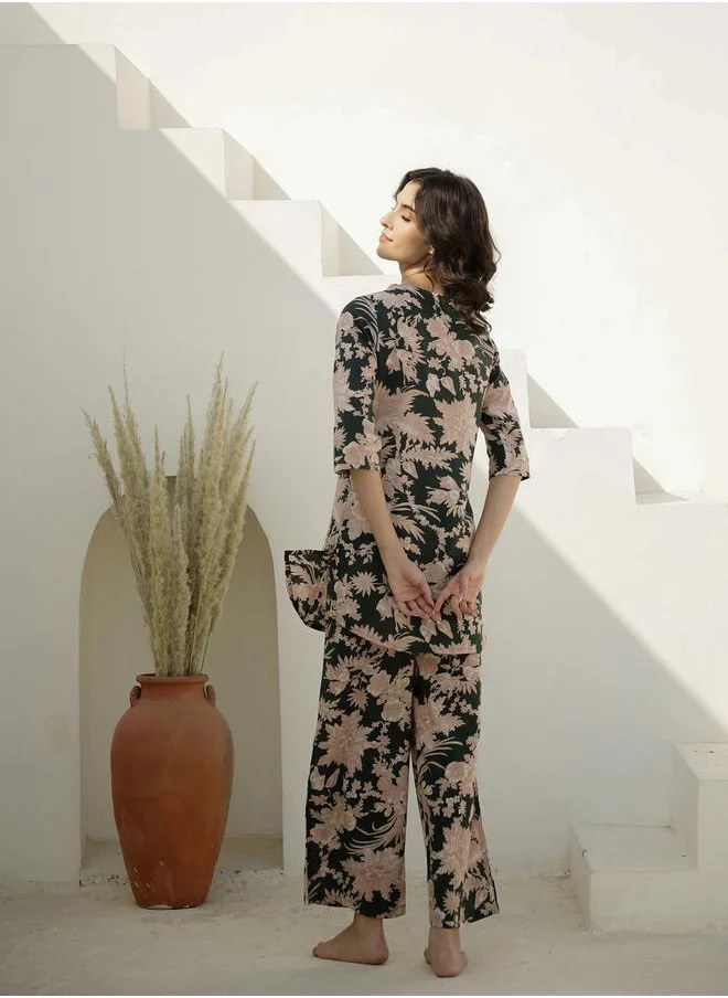 sanskrutihomes Pure Cotton Printed Notch Neck Top and Pyjama Set by Styli