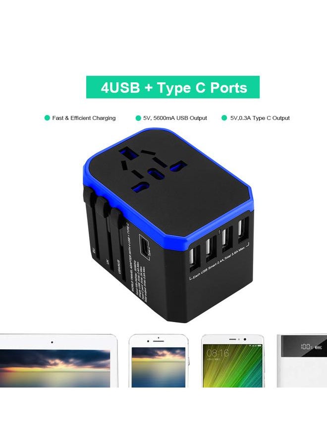 Thoraya 2000W Universal Power Adapter US/AU/EU/UK Plug 4USB+Type C World Travel Adapter - Black & Blue  - Image 3