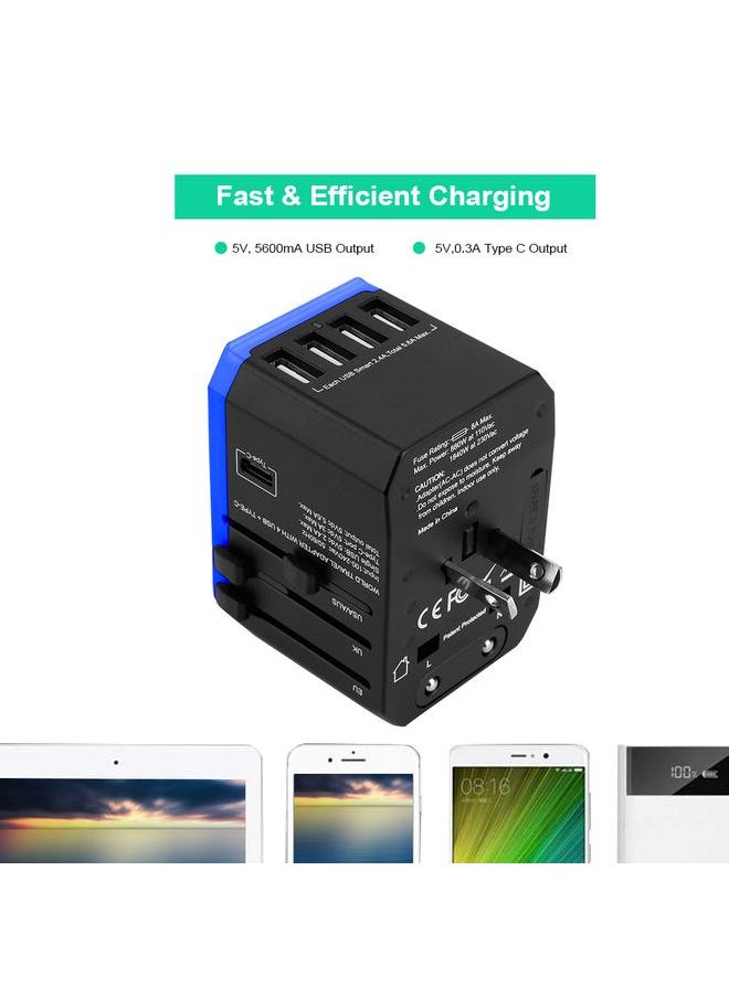 Thoraya 2000W Universal Power Adapter US/AU/EU/UK Plug 4USB+Type C World Travel Adapter - Black & Blue  - Image 5