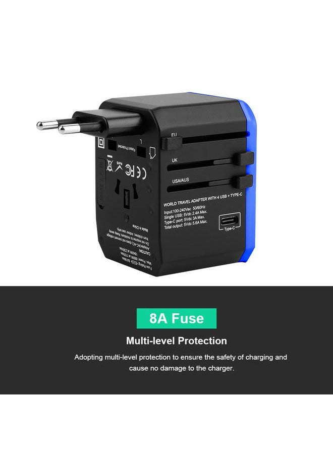 Thoraya 2000W Universal Power Adapter US/AU/EU/UK Plug 4USB+Type C World Travel Adapter - Black & Blue  - Image 4