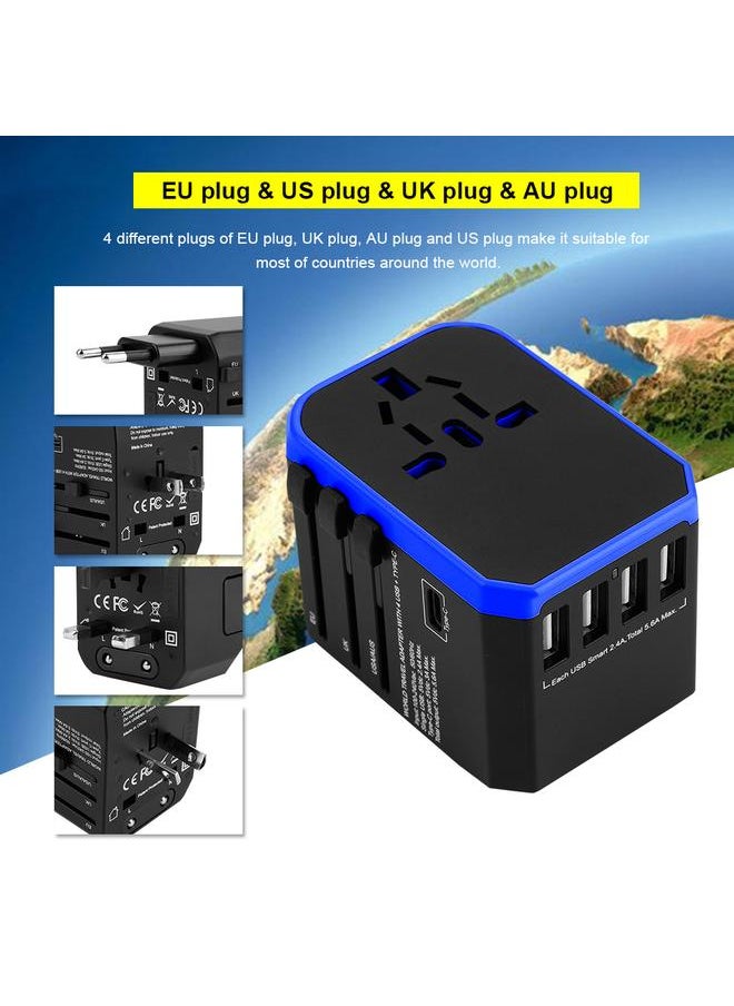 Thoraya 2000W Universal Power Adapter US/AU/EU/UK Plug 4USB+Type C World Travel Adapter - Black & Blue  - Image 2