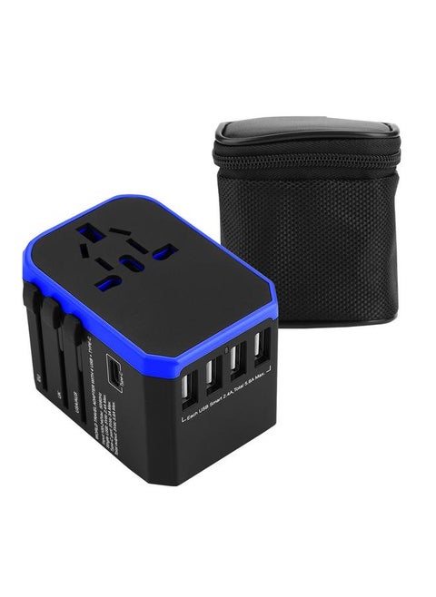 2000W Universal Power Adapter US/AU/EU/UK Plug 4USB+Type C World Travel Adapter - Black & Blue