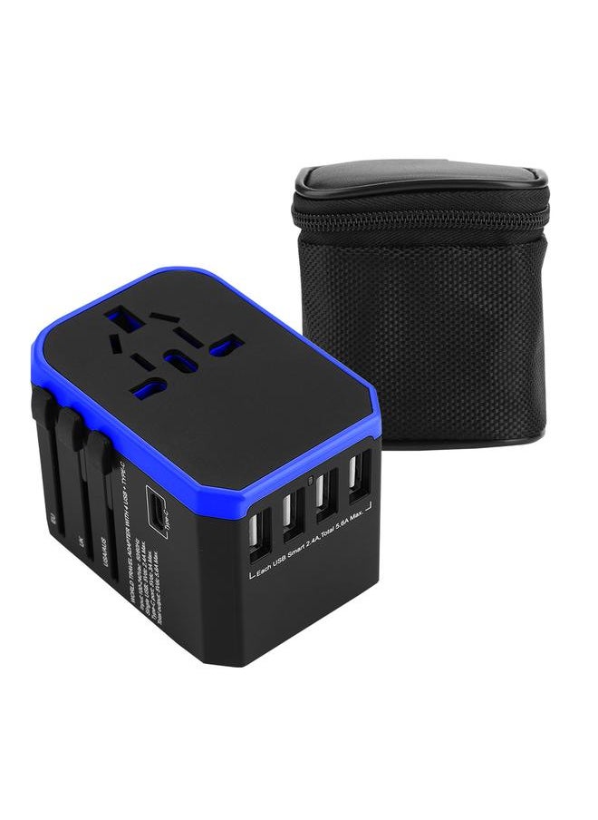 Thoraya 2000W Universal Power Adapter US/AU/EU/UK Plug 4USB+Type C World Travel Adapter - Black & Blue  - Image 1