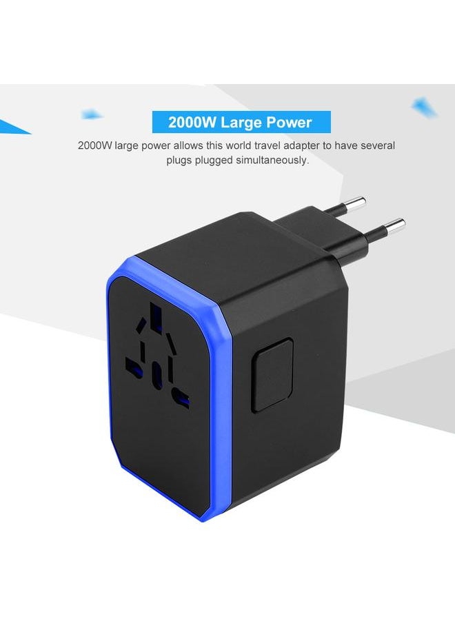2000W Universal Power Adapter US/AU/EU/UK Plug 4USB+Type C World Travel Adapter - Black & Blue