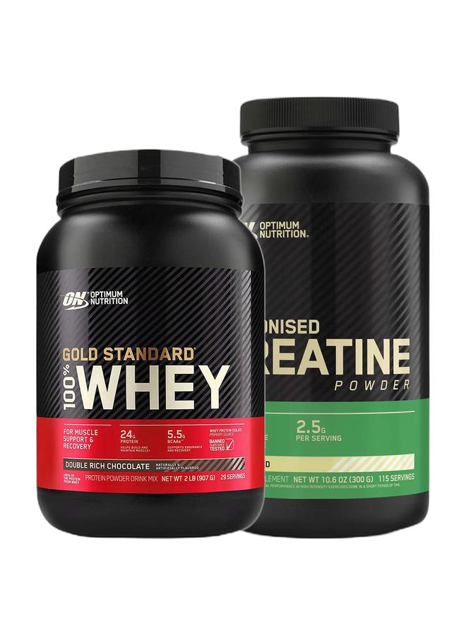 Optimum Nutrition عرض حزمة حصرية - مسحوق بروتين مصل اللبن 100% معيار الذهب 2 رطل بنكهة الشوكولاتة الغنية المزدوجة ومسحوق الكرياتين المجهرى بدون نكهة 300 جرام 115 حصة - Image 1