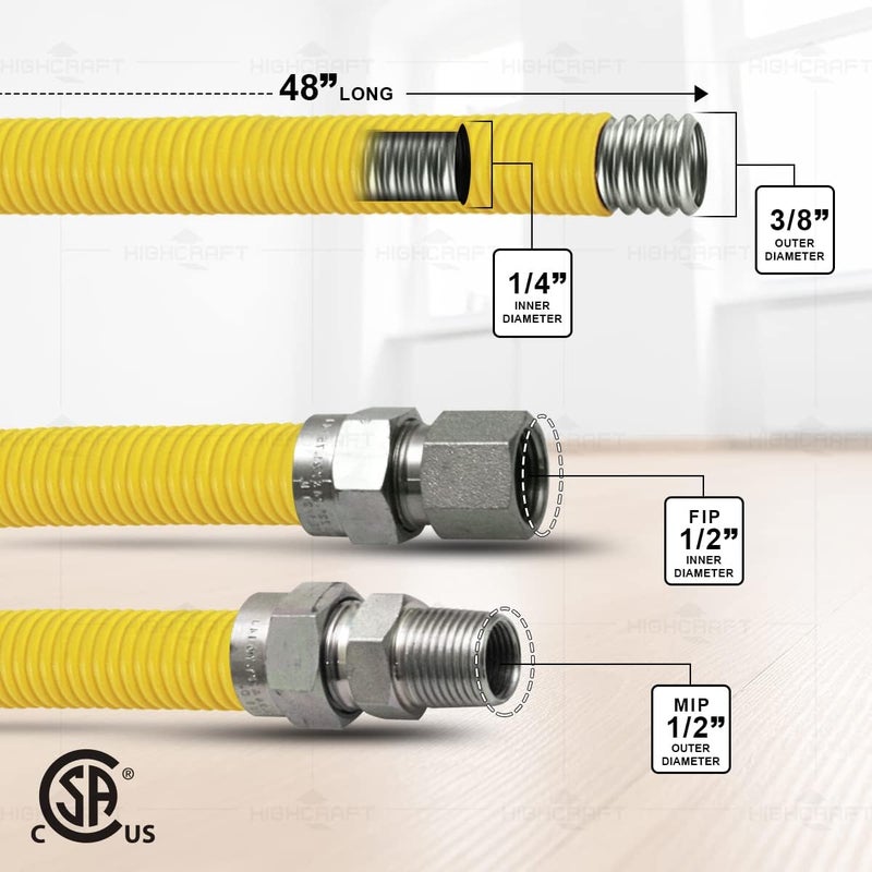 HIGHCRAFT 48 Inch Gas Connector with Fittings, Yellow Coated Gas Connector, 3/8" OD, 1/2" FIP x 1/2" MIP Connection - Image 2