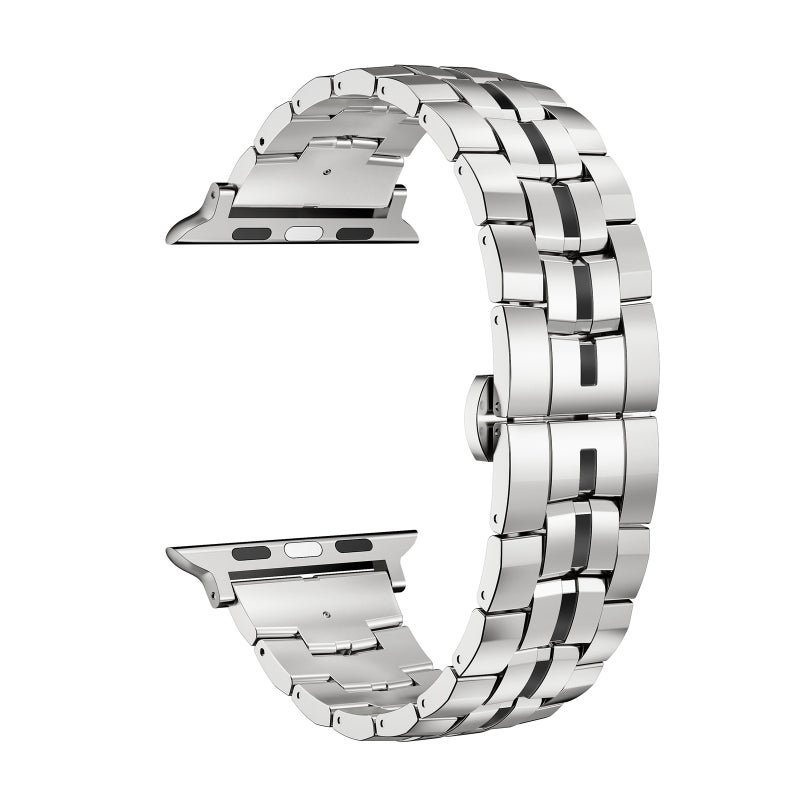 erorex For Apple Watch Se 44Mm Butterfly Buckle 5-Beads Metal Watch Band(Silver Black) - Image 2