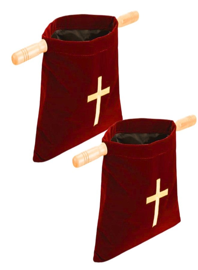 bangminda 2Pcs Church Tithe Offering Bags with Wooden Handles Church Bag Religious Offering Pouch for Churches Communion Supplies (Red,11 x 10 Inch - Image 1