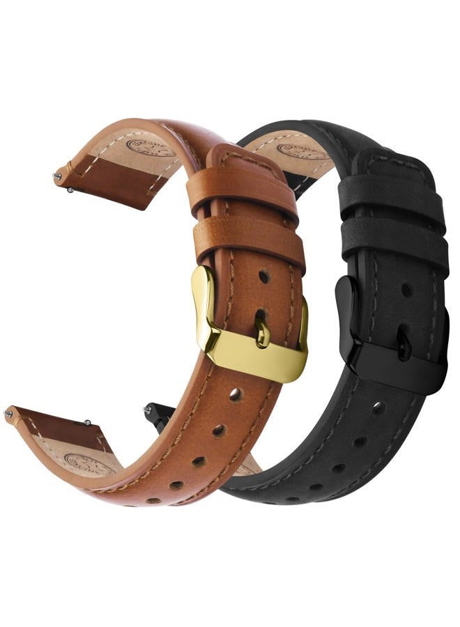 Fullmosa 2 Pack 22mm Leather Watch Bands Quick Release Watch Strap for Men Women, Soft Replacement Strap Wristband with Stainless Steel Buckle,22mm Toffee Brown&gold/Black&Black - Image 1
