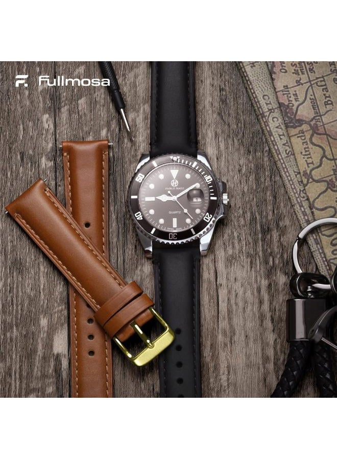 Fullmosa 2 Pack 22mm Leather Watch Bands Quick Release Watch Strap for Men Women, Soft Replacement Strap Wristband with Stainless Steel Buckle,22mm Toffee Brown&gold/Black&Black - Image 2