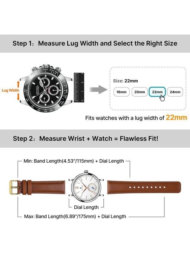 Fullmosa 2 Pack 22mm Leather Watch Bands Quick Release Watch Strap for Men Women, Soft Replacement Strap Wristband with Stainless Steel Buckle,22mm Toffee Brown&gold/Black&Black - Image 4