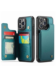 CaseMe Wallet Case for iPhone 14 Pro Premium Handmade Durable PU Leather Slim Shockproof Case with [Double Magnetic Clasp] [Card Holder] [Kickstand] [RFID Blocking] (Green)  - Image 2