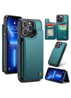 CaseMe Wallet Case for iPhone 14 Pro Premium Handmade Durable PU Leather Slim Shockproof Case with [Double Magnetic Clasp] [Card Holder] [Kickstand] [RFID Blocking] (Green)  - Image 1