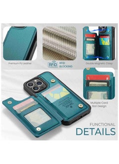 CaseMe Wallet Case for iPhone 14 Pro Premium Handmade Durable PU Leather Slim Shockproof Case with [Double Magnetic Clasp] [Card Holder] [Kickstand] [RFID Blocking] (Green)  - Image 4