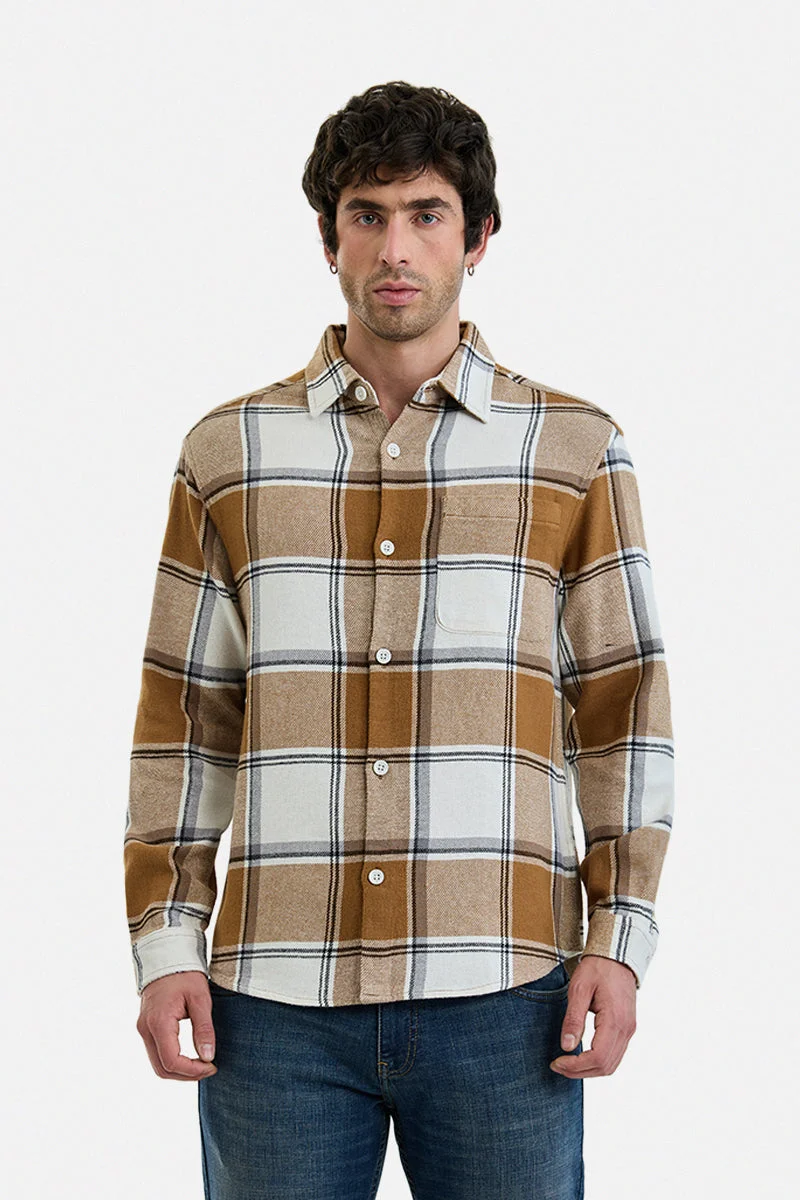 Snitch Brown Plaid Relaxed Fit 100% Cotton Overshirt for Men | Best Price UAE