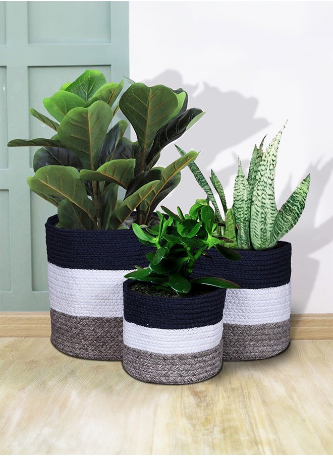 N & H Eco-friendly Handmade Jute Fabric Planter Baskets - Set of 3 - Organizer for Storage, Laundry and Home Décor (Blue, White & Grey)  - Image 1