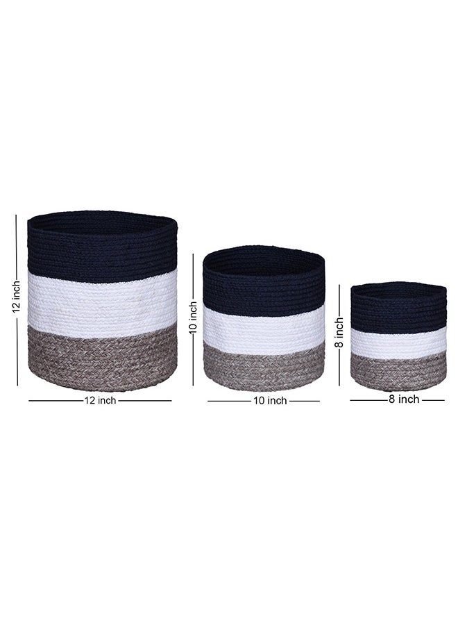 N & H Eco-friendly Handmade Jute Fabric Planter Baskets - Set of 3 - Organizer for Storage, Laundry and Home Décor (Blue, White & Grey)  - Image 2