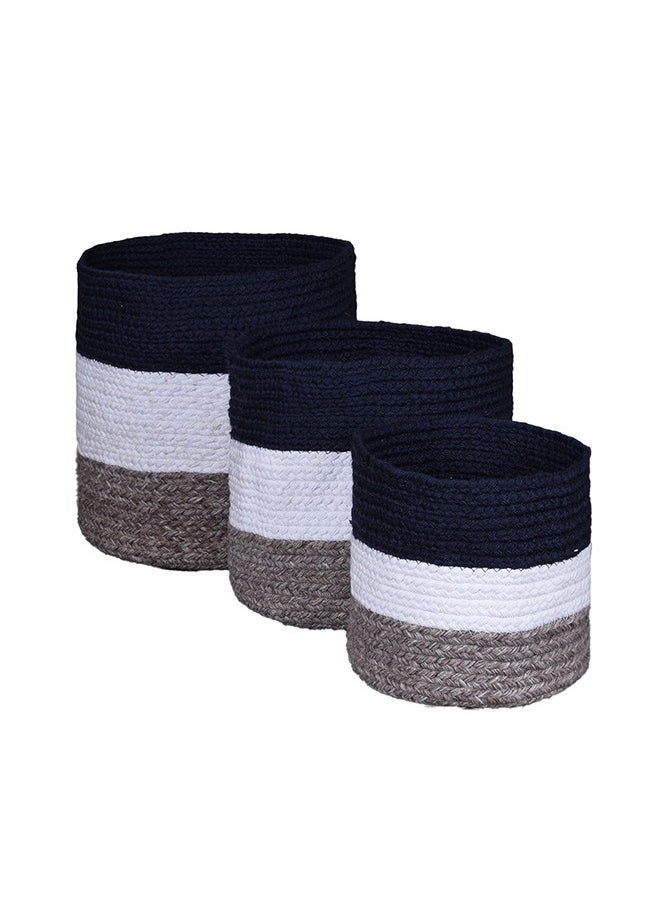 N & H Eco-friendly Handmade Jute Fabric Planter Baskets - Set of 3 - Organizer for Storage, Laundry and Home Décor (Blue, White & Grey)  - Image 3