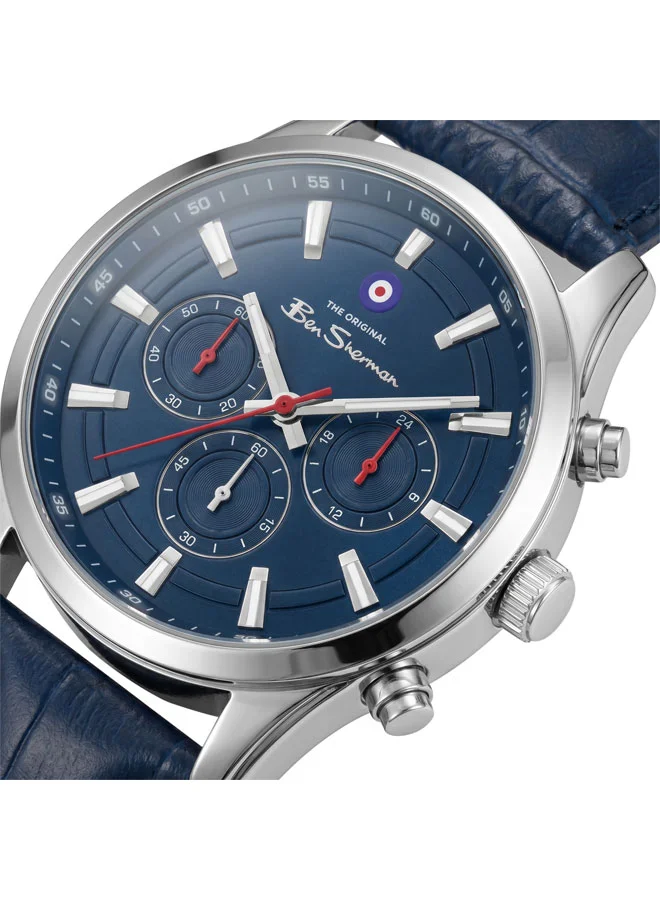 بين شيرمان Cambridge Blue Dial Blue Genuine Leather Strap Chronograph Watch for Men, 42mm