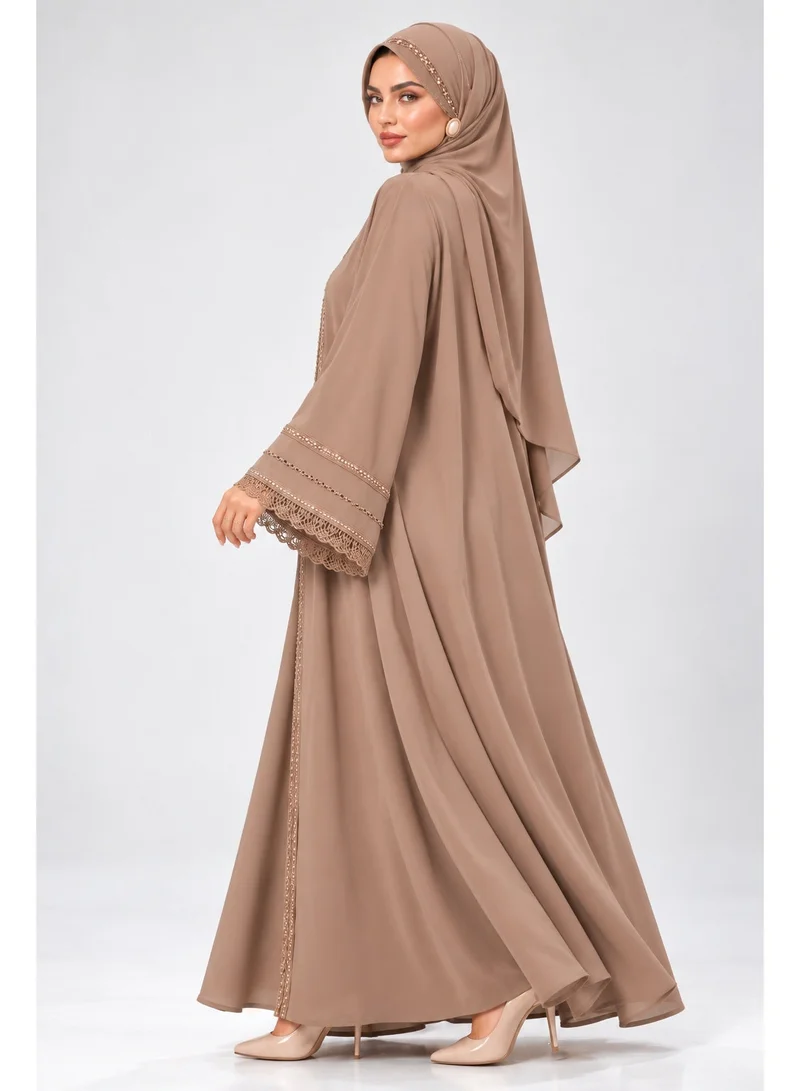 Ophelia Ophelia Amélie Pearl Luxury Abaya with Embellished Lace Cuff, Korean Nida Fabric, Taupe