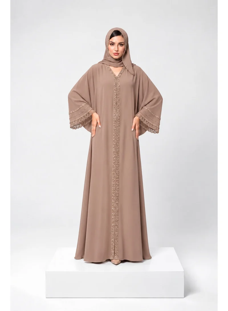 Ophelia Ophelia Amélie Pearl Luxury Abaya with Embellished Lace Cuff, Korean Nida Fabric, Taupe