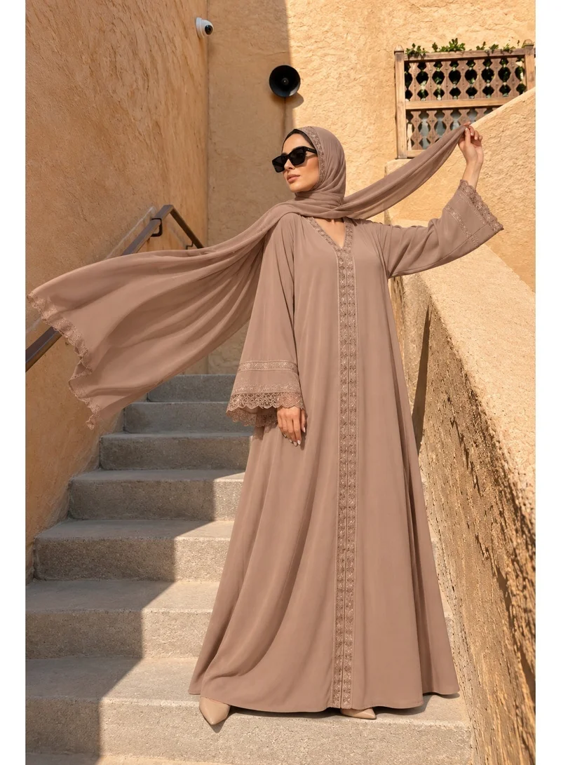 Ophelia Ophelia Amélie Pearl Luxury Abaya with Embellished Lace Cuff, Korean Nida Fabric, Taupe