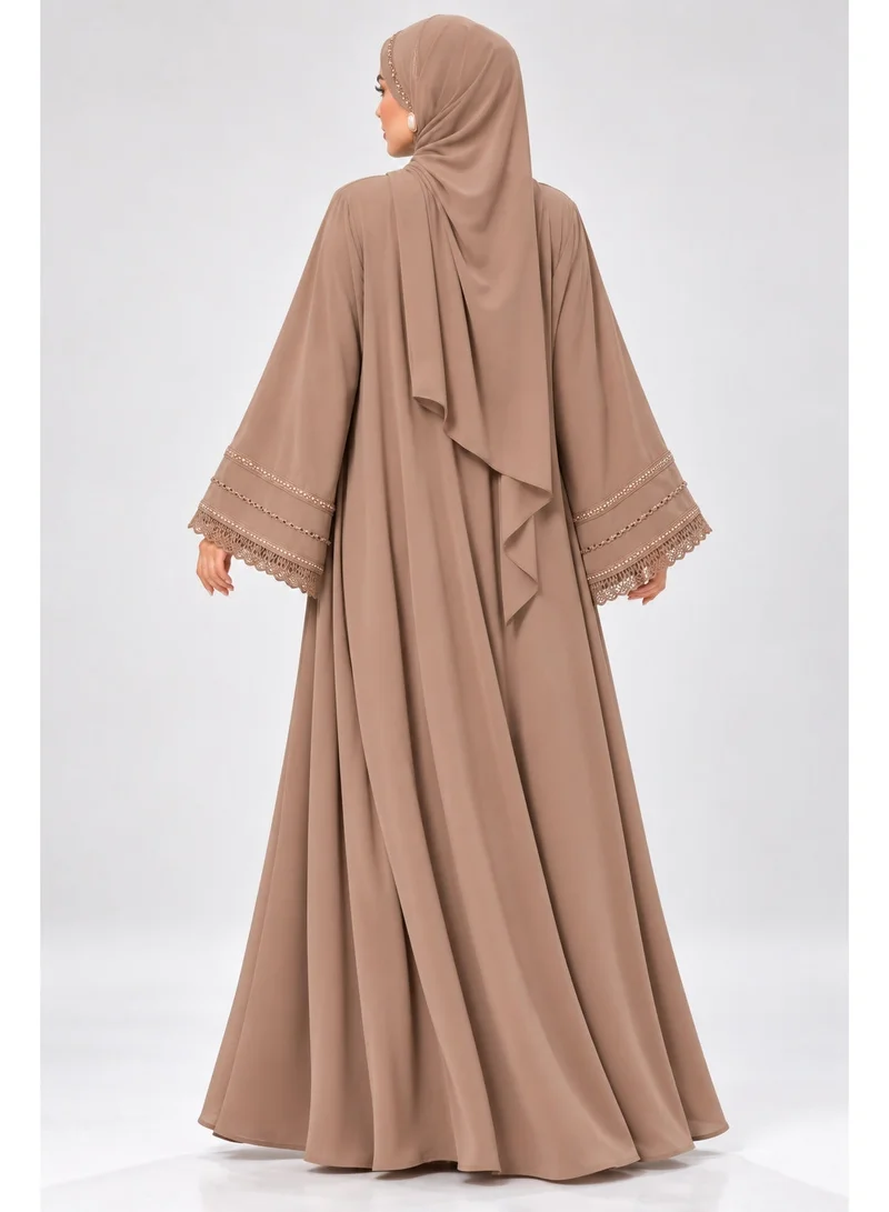 Ophelia Ophelia Amélie Pearl Luxury Abaya with Embellished Lace Cuff, Korean Nida Fabric, Taupe