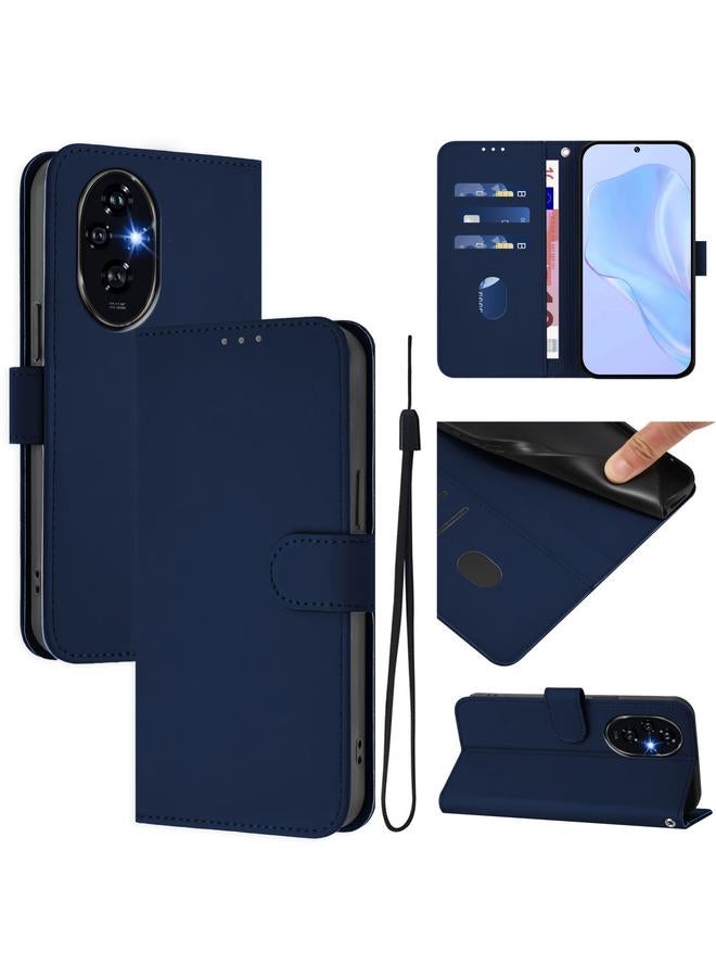 For Honor 200 Pro Skin Feel Solid Color Leather Phone Case with Lanyard(Navy Blue)