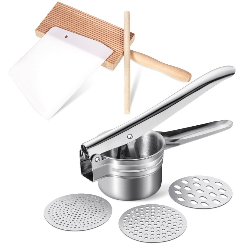 Patelai 4 Pieces Gnocchi Board Set, Includes Plastic Trapezoidal Baking Scraper, Gnocchi Pasta Board Stripper Paddle, Dowel Wood Rolling Pin, Stainless Steel Potato Ricer Masher with 3 Interchangeable Discs - Image 1