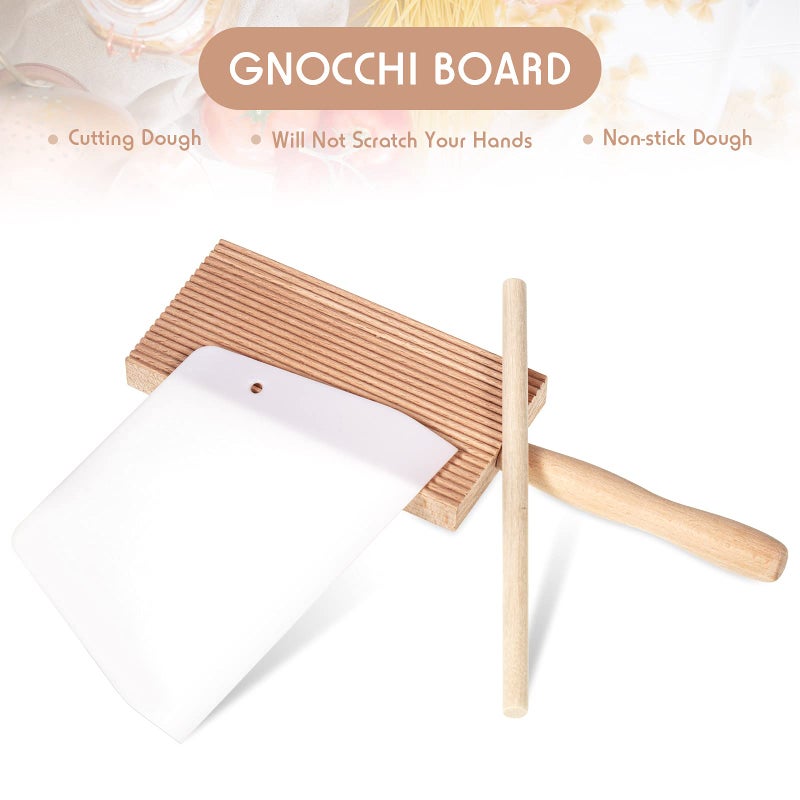 Patelai 4 Pieces Gnocchi Board Set, Includes Plastic Trapezoidal Baking Scraper, Gnocchi Pasta Board Stripper Paddle, Dowel Wood Rolling Pin, Stainless Steel Potato Ricer Masher with 3 Interchangeable Discs - Image 4