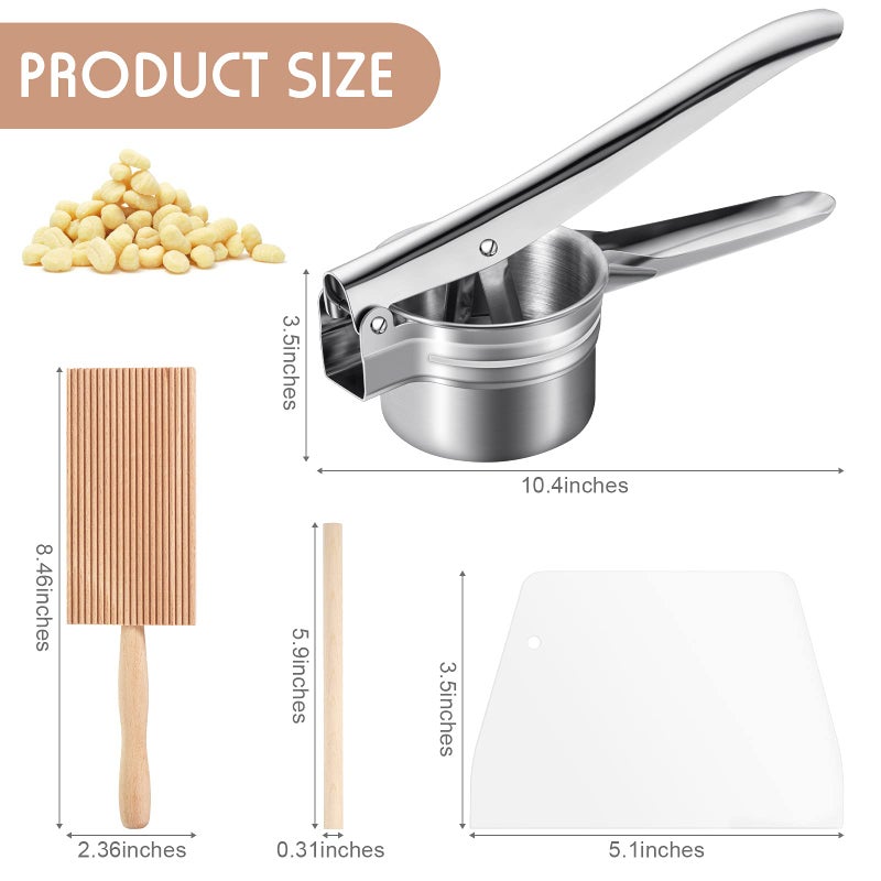 Patelai 4 Pieces Gnocchi Board Set, Includes Plastic Trapezoidal Baking Scraper, Gnocchi Pasta Board Stripper Paddle, Dowel Wood Rolling Pin, Stainless Steel Potato Ricer Masher with 3 Interchangeable Discs - Image 2