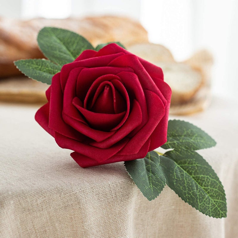 Exoment 25pcs Artificial Flower Foam Rose Real Touch Roses Flower Heads with Stem for DIY Wedding Bouquets Centerpieces Arrangements Party Baby Shower Home Decor (Dark Red) - Image 3