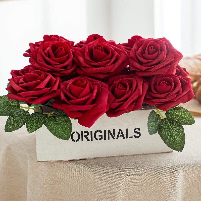 Exoment 25pcs Artificial Flower Foam Rose Real Touch Roses Flower Heads with Stem for DIY Wedding Bouquets Centerpieces Arrangements Party Baby Shower Home Decor (Dark Red) - Image 5