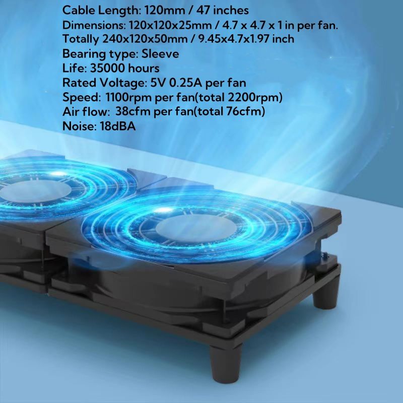 Silent Dual USB Cooling Fan 1200mm Cable 18 DBA Low Noise - 76 CFM Airflow Quiet PC Fan 35000-Hour Lifespan for Electronics Gaming Consoles Network Cabinets - Image 2