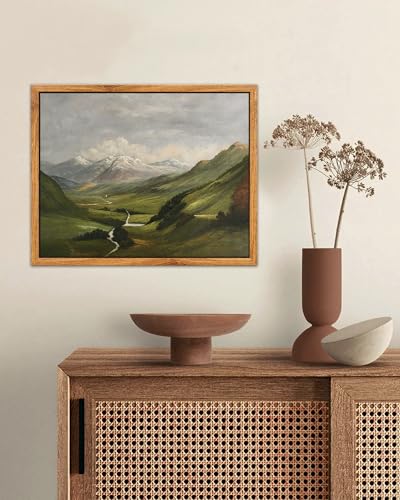 SHENIFY Landscape Vintage Framed Canvas Wall Art Classical Mountain Range Valley Prints Farmhouse Kitchen Office Decor - 8x10in Natural Framed - Image 3