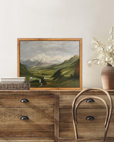 SHENIFY Landscape Vintage Framed Canvas Wall Art Classical Mountain Range Valley Prints Farmhouse Kitchen Office Decor - 8x10in Natural Framed - Image 2