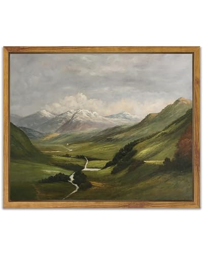 SHENIFY Landscape Vintage Framed Canvas Wall Art Classical Mountain Range Valley Prints Farmhouse Kitchen Office Decor - 8x10in Natural Framed - Image 1