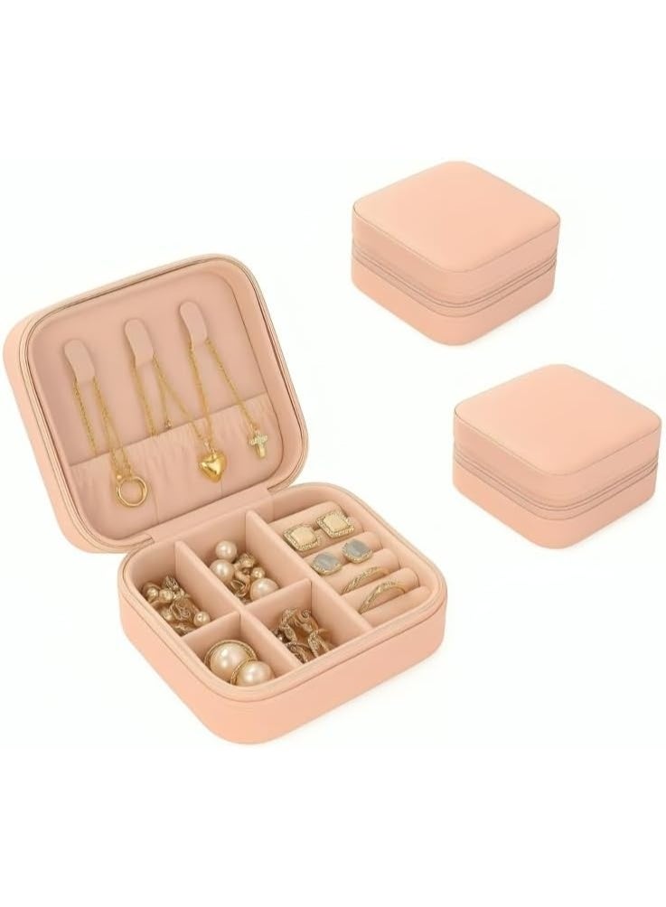 م اكس م صندوق مجوهرات جلدي، منظم حقيبة سفر محمول للخاتم، القلادة، القرط، القلادة، تخزين الأساور (عبوة من قطعتين - وردي، صغير) - Image 1